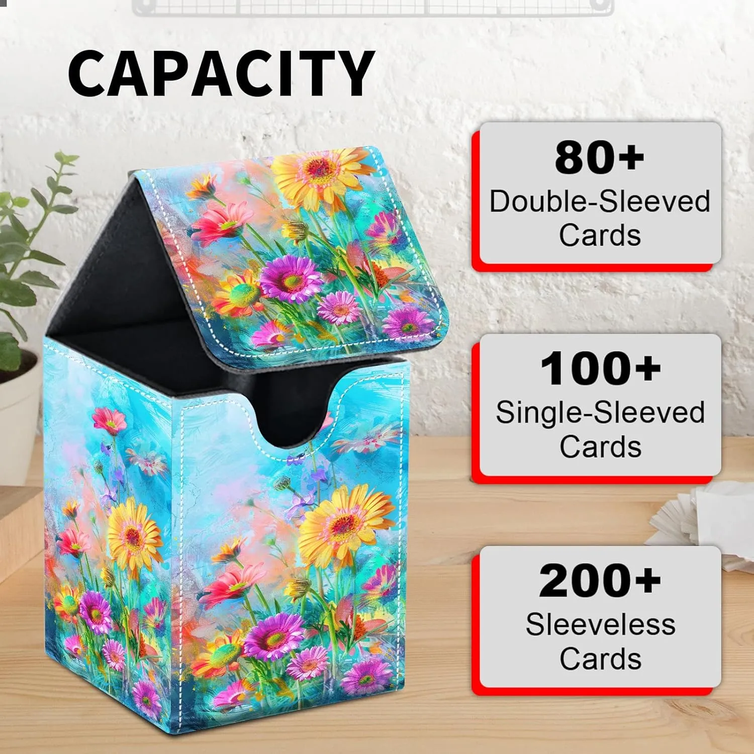 Card Deck Box for MTG Trading Cards, Magic Card Box Can Hold 110  Single Sleeved Cards, Waterproof PU Leather Material, Strong Magnetic Buckle Card Set Box Suitable for TCG CCG, Colorful Wildflower