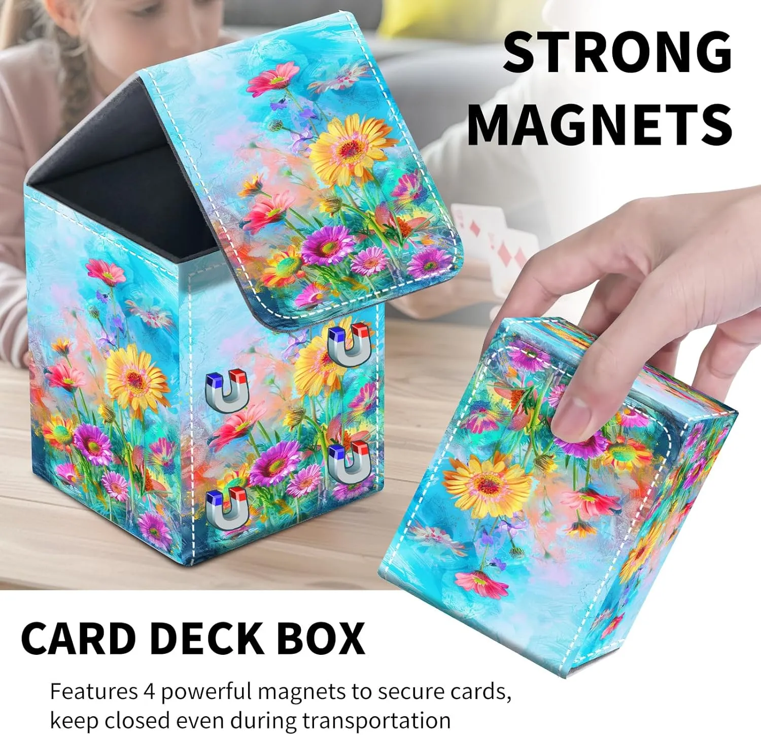 Card Deck Box for MTG Trading Cards, Magic Card Box Can Hold 110  Single Sleeved Cards, Waterproof PU Leather Material, Strong Magnetic Buckle Card Set Box Suitable for TCG CCG, Colorful Wildflower