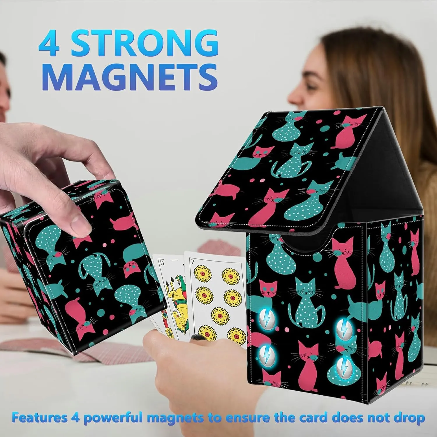 Card Deck Box for Trading Cards, MTG Commander Deck Box Fits 100  Single Sleeved Cards, Leather Magnetic Card Storage Box for YuGiOh TCG CCG Cards, Cats