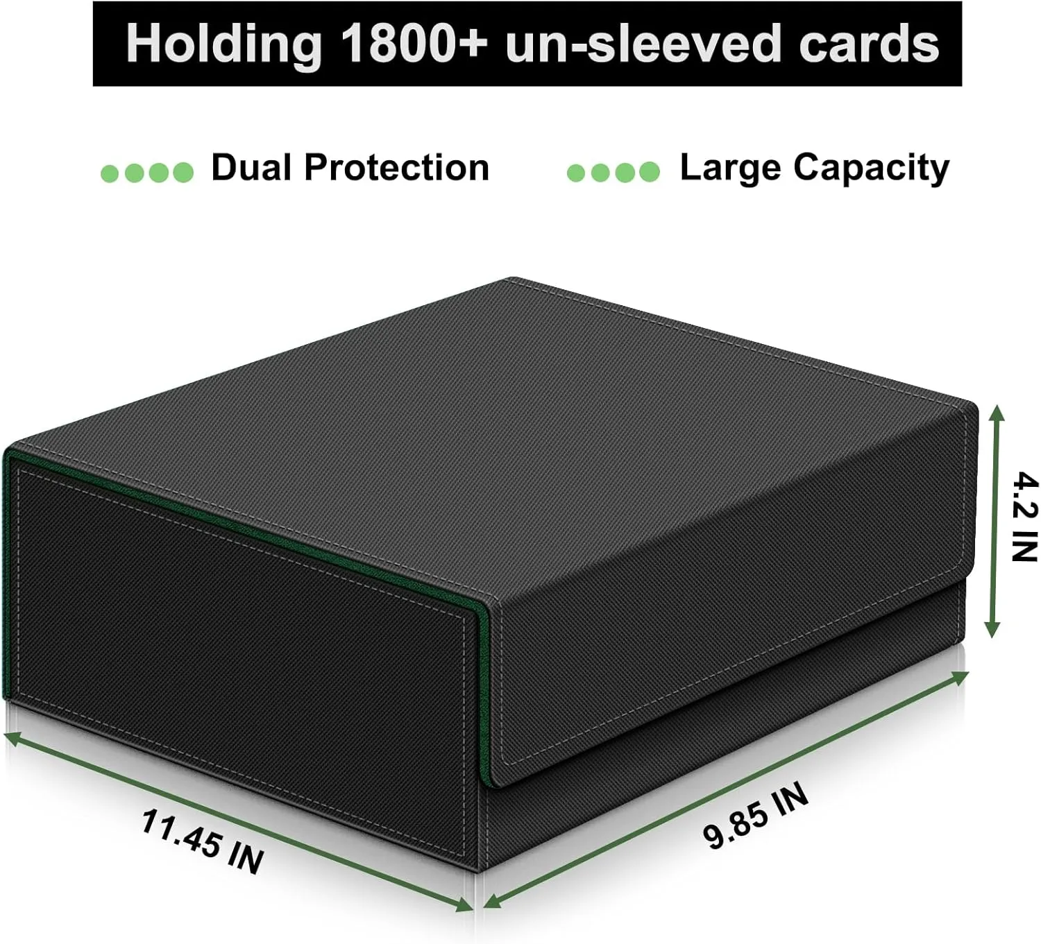 Card Deck Case for Trading Cards,Card Storage Box Holds 1800  Single Sleeved Cards,PU Leather Magnetic Closure Commander Card Boxes Magic Card Holders Fit for Game Cards and Sport Cards (Black&Green)