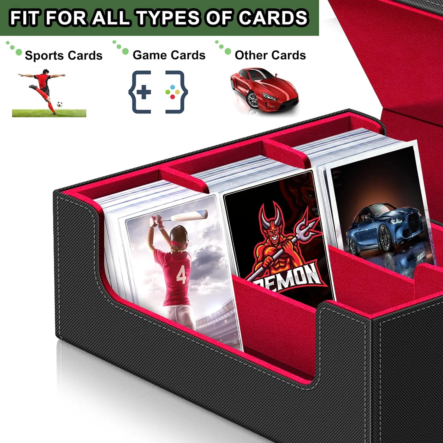 Card Deck Case for Trading Cards,Card Storage Box Holds 1800  Single Sleeved Cards,PU Leather Magnetic Closure Commander Card Boxes Magic Card Holders Fit for Game Cards and Sport Cards (Black&Red)