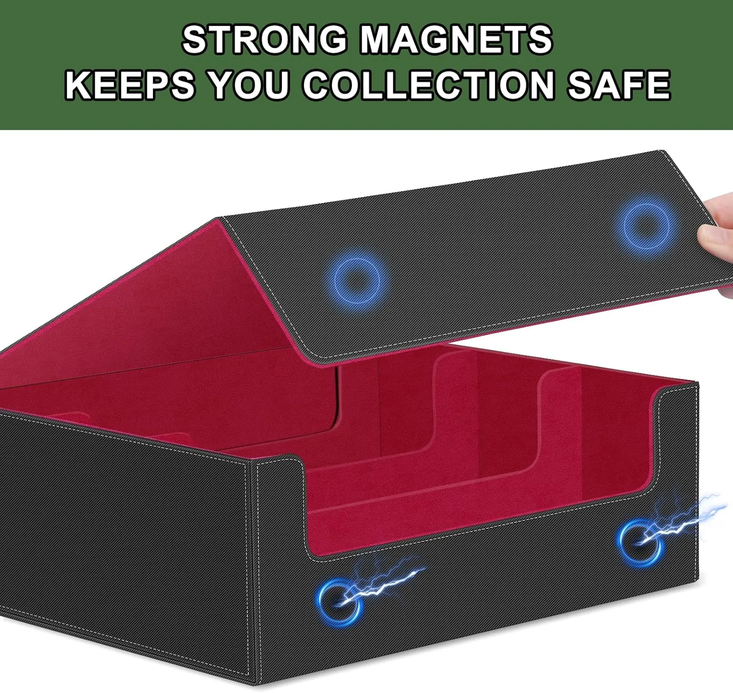 Card Deck Case for Trading Cards,Card Storage Box Holds 1800  Single Sleeved Cards,PU Leather Magnetic Closure Commander Card Boxes Magic Card Holders Fit for Game Cards and Sport Cards (Black&Red)