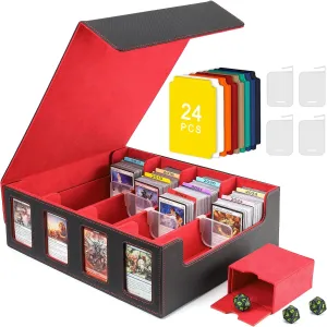 Card Deck Storage Box for Trading Cards 3000 MTG Deck Box with 24 Colorful Divider Tabs 4 Divider and Dice Box, Card Supporters PU Leather Trading Card Storage with 4 Viewing Windows (RED&BLACK)