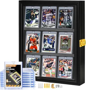 Card Display Case,Sports Card Display case with 9Pack 35PT Magnetic Card Holder,Baseball Card Display Case,Lockable Wall Cabinet for Basketball,Football,Hockey,Pokemon,MTG,Yugioh