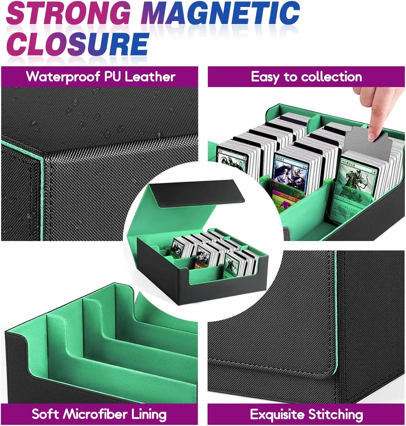 Card Storage Box For Trading Cards1800 , PU Leather Magnetic Closure Storage Box with 10PCS Divider, Card Deck Box Fit MTG, and Sport Cards (Black Purple) (Black Green)