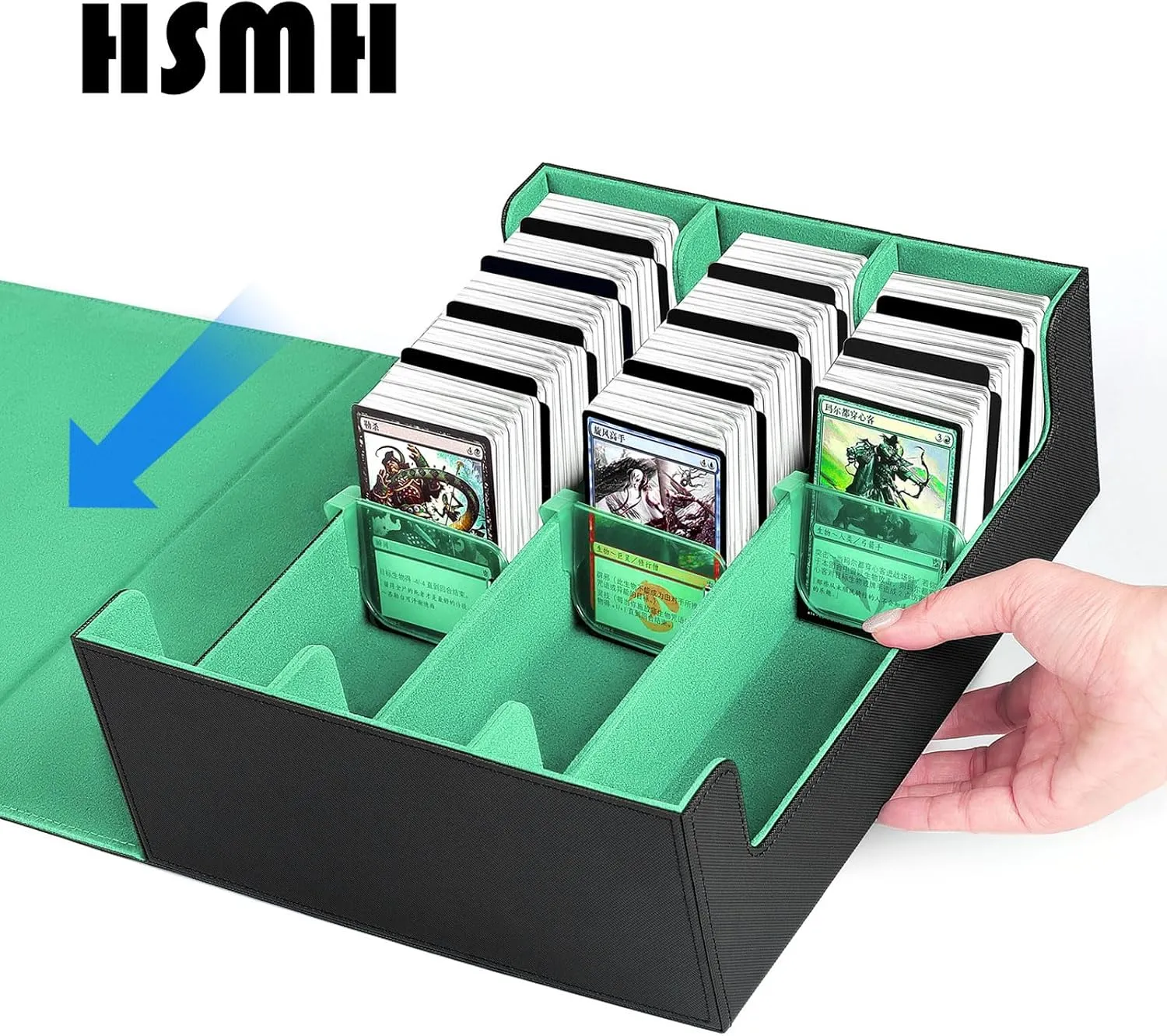 Card Storage Box For Trading Cards1800 , PU Leather Magnetic Closure Storage Box with 10PCS Divider, Card Deck Box Fit MTG, and Sport Cards (Black Purple) (Black Green)