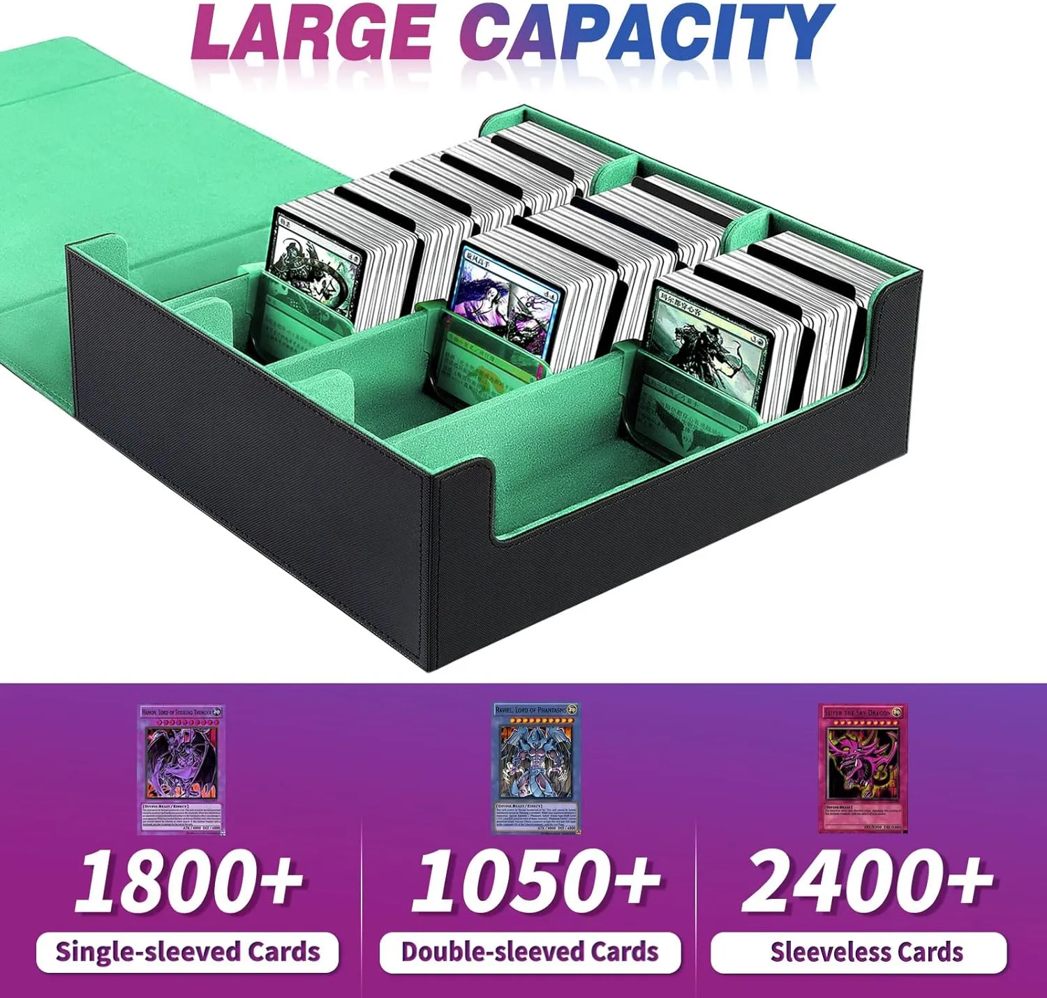 Card Storage Box For Trading Cards1800 , PU Leather Magnetic Closure Storage Box with 10PCS Divider, Card Deck Box Fit MTG, and Sport Cards (Black Purple) (Black Green)
