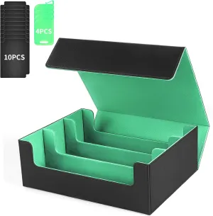Card Storage Box For Trading Cards1800 , PU Leather Magnetic Closure Storage Box with 10PCS Divider, Card Deck Box Fit MTG, and Sport Cards (Black Purple) (Black Green)