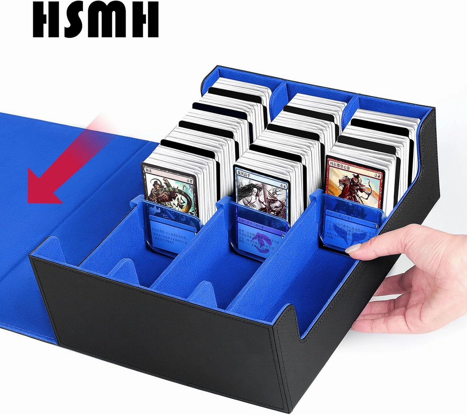 Card Storage Box For Trading Cards1800 , PU Leather Magnetic Closure Storage Box with 10PCS Divider, Card Deck Box Fit MTG, and Sport Cards (Black Purple) (Black Blue)
