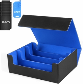 Card Storage Box For Trading Cards1800 , PU Leather Magnetic Closure Storage Box with 10PCS Divider, Card Deck Box Fit MTG, and Sport Cards (Black Purple) (Black Blue)