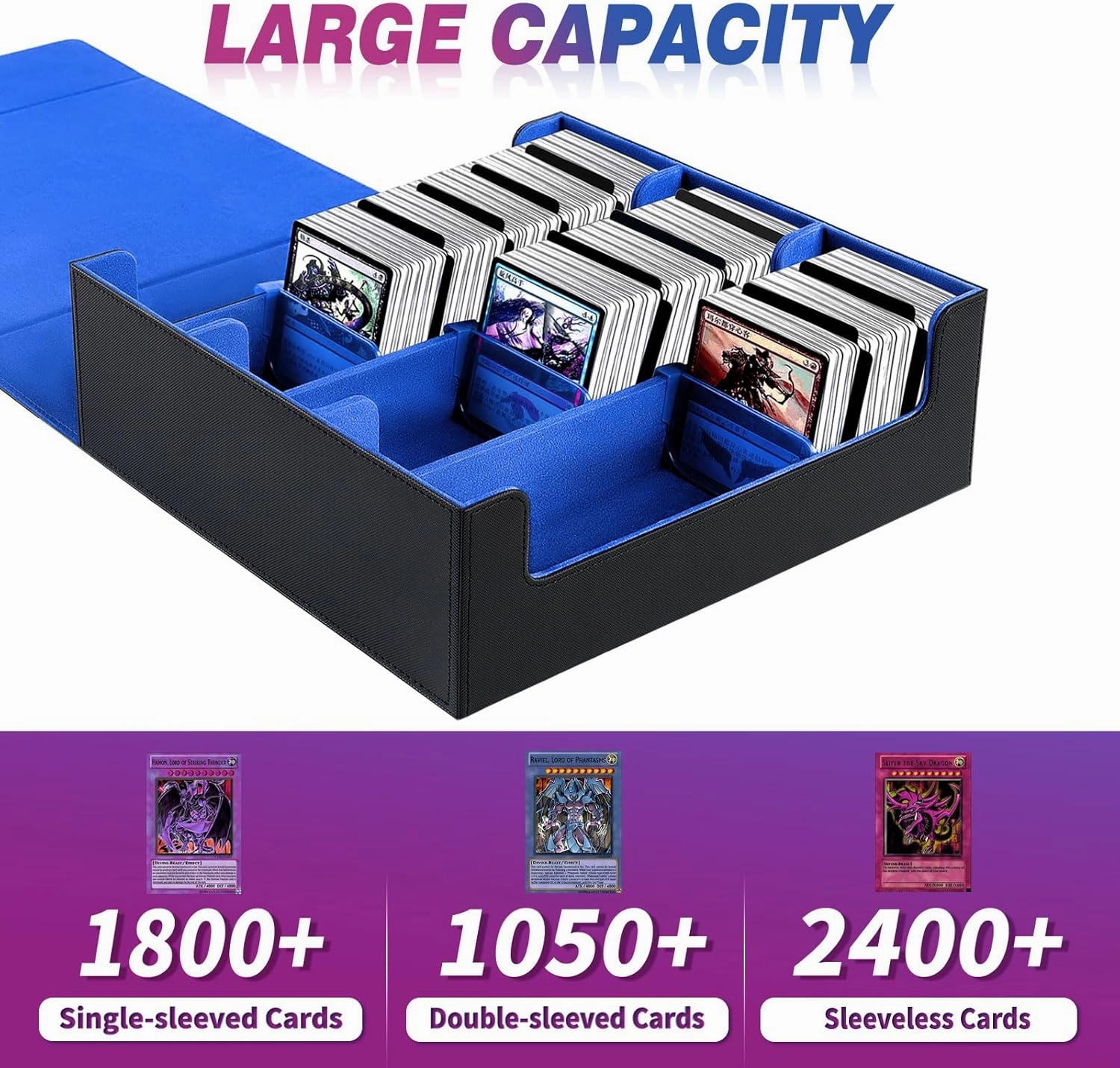 Card Storage Box For Trading Cards1800 , PU Leather Magnetic Closure Storage Box with 10PCS Divider, Card Deck Box Fit MTG, and Sport Cards (Black Purple) (Black Blue)
