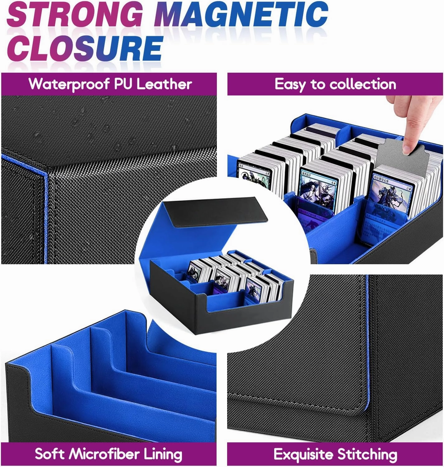 Card Storage Box For Trading Cards1800 , PU Leather Magnetic Closure Storage Box with 10PCS Divider, Card Deck Box Fit MTG, and Sport Cards (Black Purple) (Black Blue)