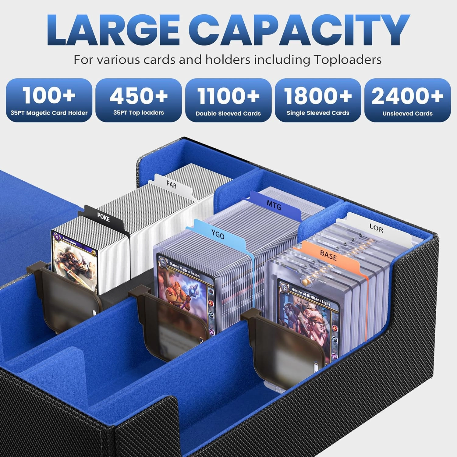 Card Storage Box For Trading Cards 1800 ,Card Deck Box With 10 Dividers,6 Foam Stoppers,4 Supporters,Commander Deck Case Fit For Toploaders,MTG,YuGiOh,TCG and Magic Cards