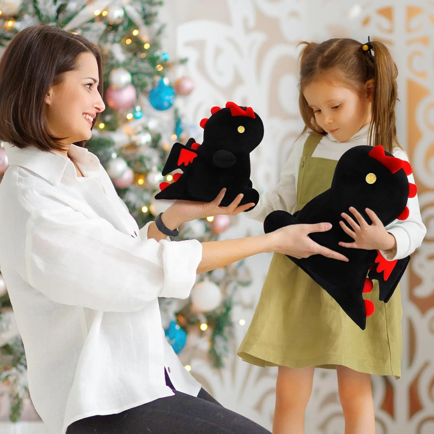 Cartoon Funny Plush Dinosaur with Wing, Soft Kids Plush Toy Pillow, Stuffed Animals Dinosaur Toy Gift for Kids and Girls (Black&Red,15.7in/40cm)