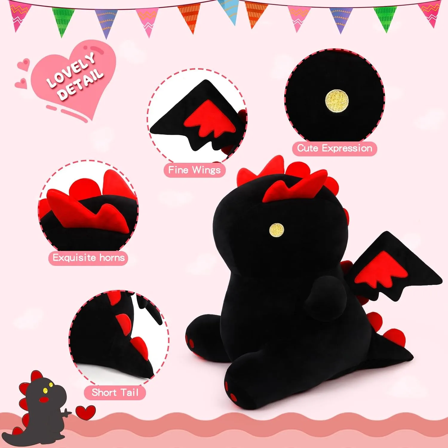Cartoon Funny Plush Dinosaur with Wing, Soft Kids Plush Toy Pillow, Stuffed Animals Dinosaur Toy Gift for Kids and Girls (Black&Red,15.7in/40cm)