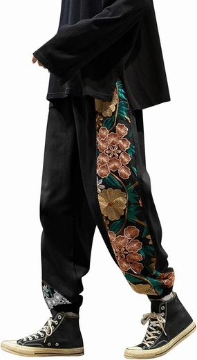 Casual Pant for Men Japanese Retro Embroidered Floral Print Drawstring Bound Foot Trousers Fashion Hip Hop Streetwear