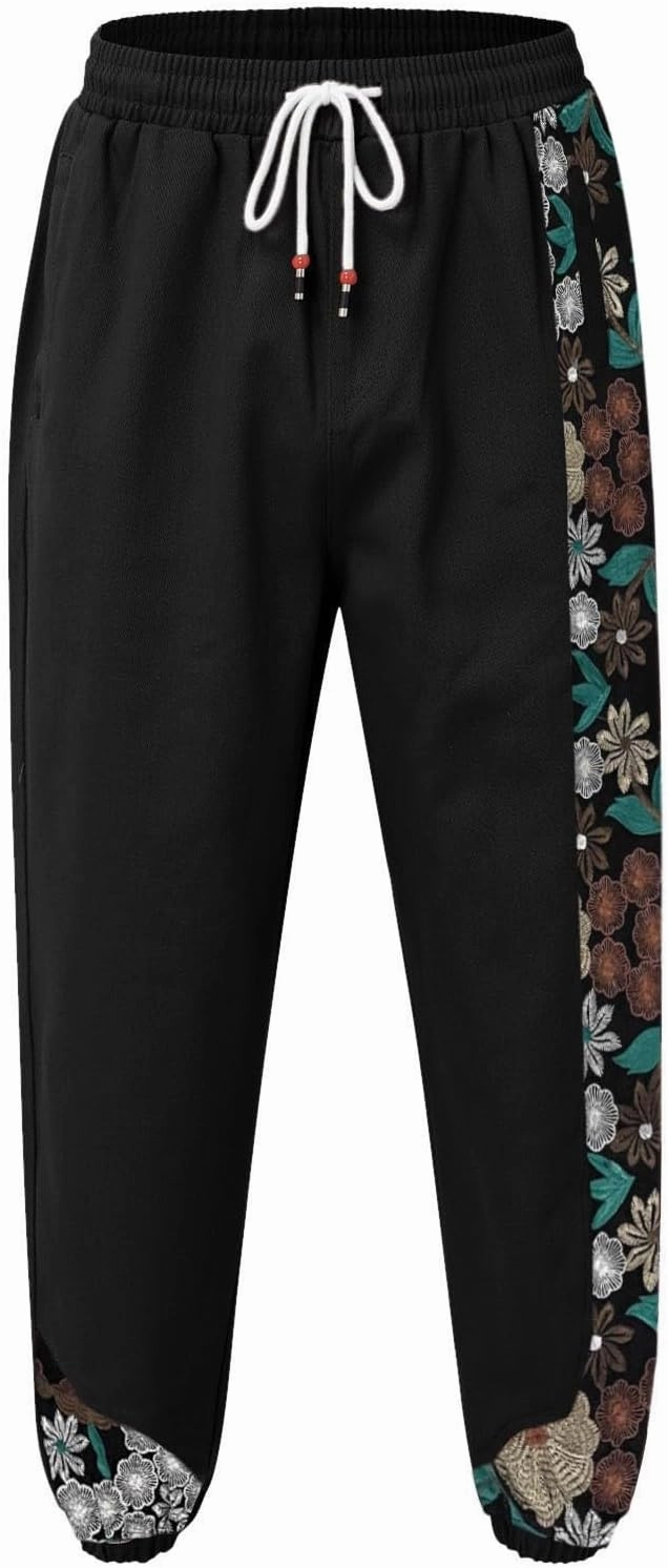Casual Pant for Men Japanese Retro Embroidered Floral Print Drawstring Bound Foot Trousers Fashion Hip Hop Streetwear