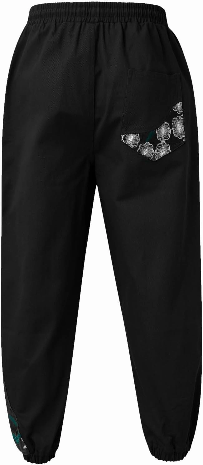 Casual Pant for Men Japanese Retro Embroidered Floral Print Drawstring Bound Foot Trousers Fashion Hip Hop Streetwear