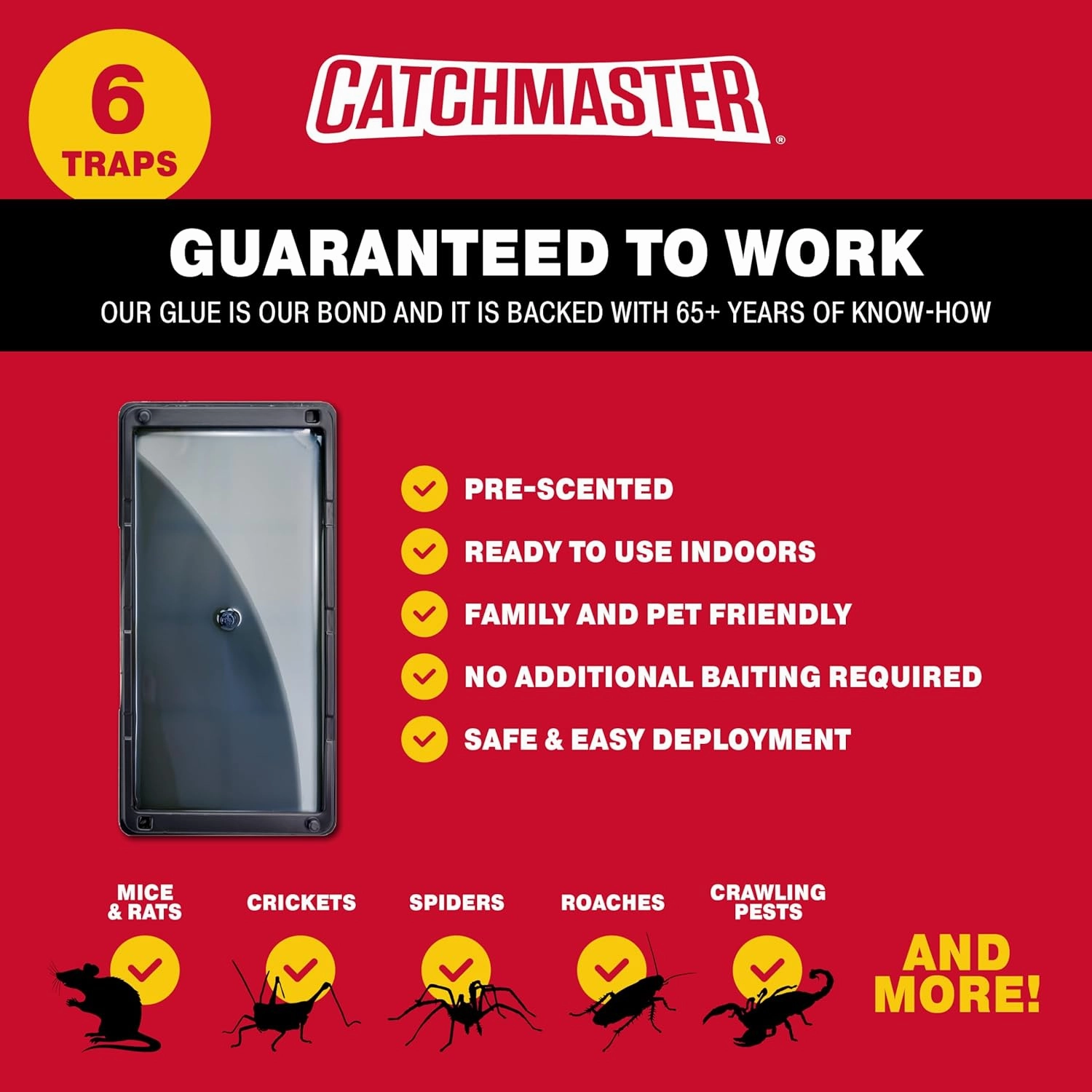 Catchmaster Rat, Snake and Mouse Traps 6Pk, Large Bulk Glue Rat Traps for Home, Pre-Scented Adhesive Plastic Tray for Inside House, Snake, Mice, & Spider Catcher, Pet Safe Pest Control