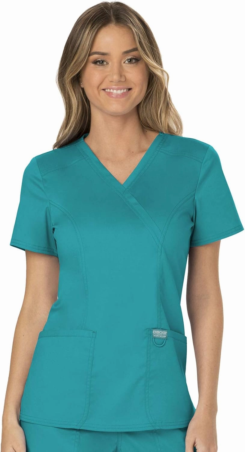 Cherokee Scrub Set For Women, Modern Classic Fit Mock Wrap Top WW610 With Mid Rise, Straight Leg Pant WW110