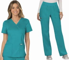 Cherokee Scrub Set For Women, Modern Classic Fit Mock Wrap Top WW610 With Mid Rise, Straight Leg Pant WW110