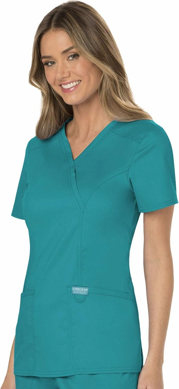 Cherokee Scrub Set For Women, Modern Classic Fit Mock Wrap Top WW610 With Mid Rise, Straight Leg Pant WW110