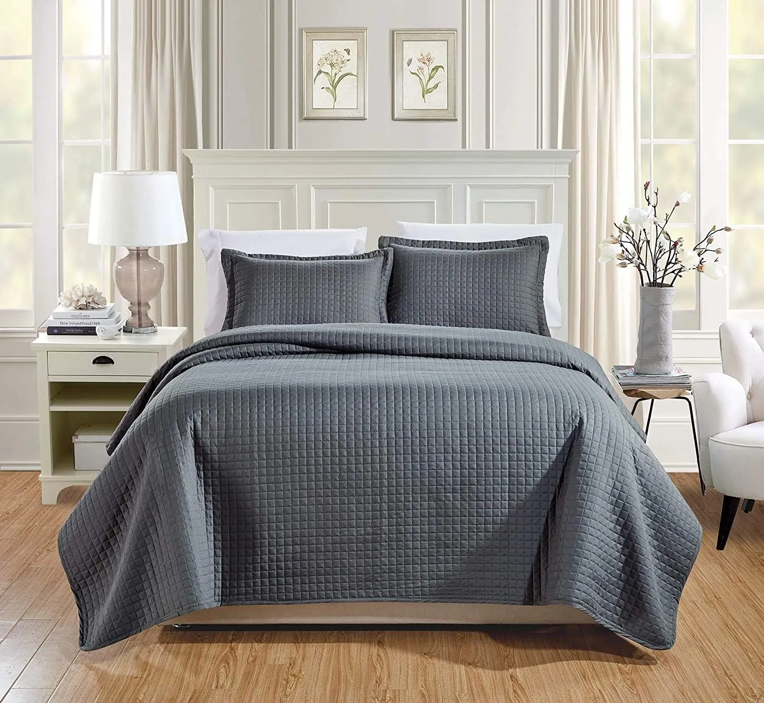 Chezmoi Collection 3-Piece Solid Modern Quilted Bedspread Coverlet Set (King, Charcoal)