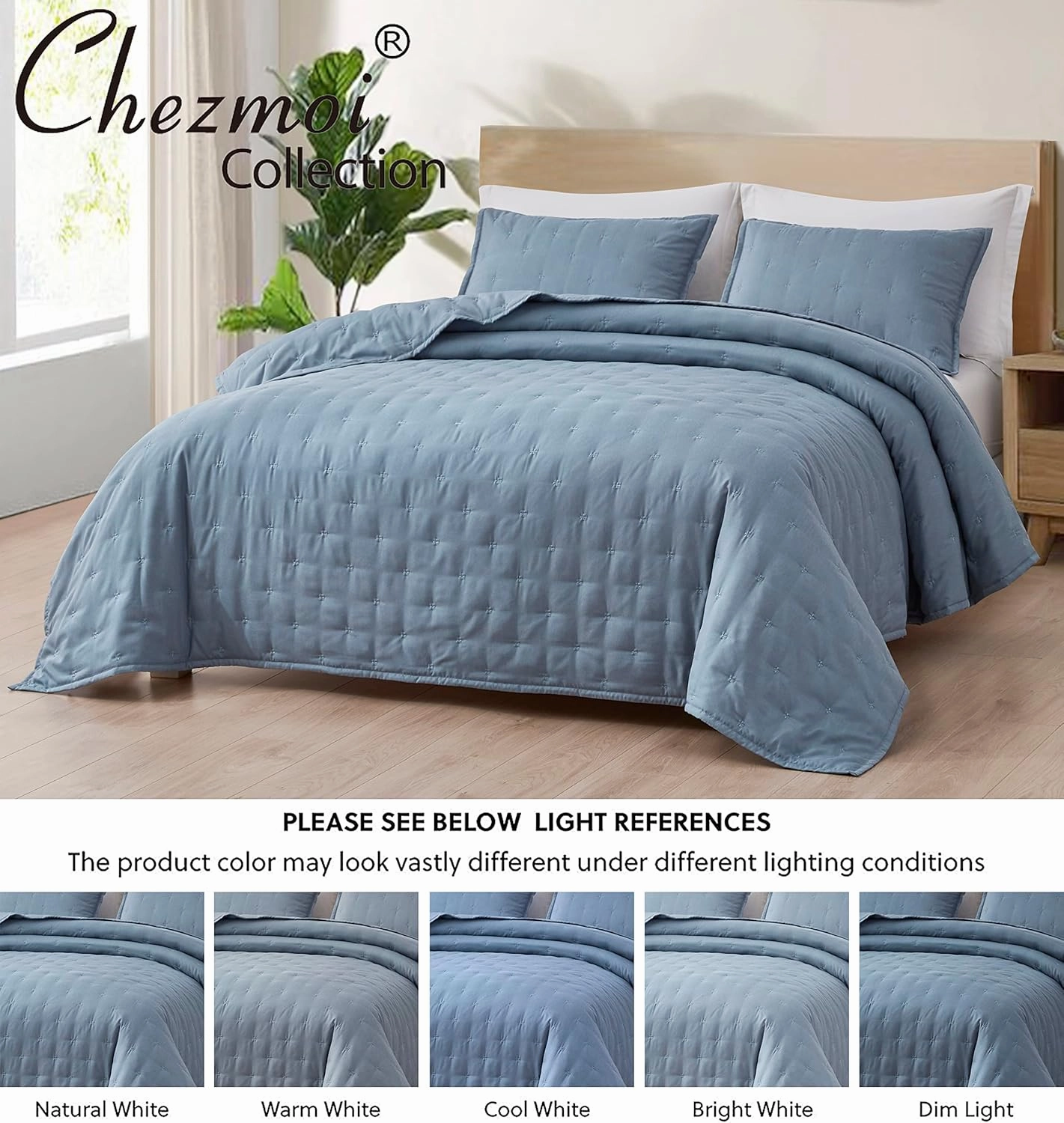 Chezmoi Collection Milo 3-Piece Soft Cooling Blend of Rayon Derived from Bamboo & Polyester Cross-Stitch Quilted Coverlet Set (King, Blue)