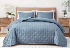 Chezmoi Collection Milo 3-Piece Soft Cooling Blend of Rayon Derived from Bamboo & Polyester Cross-Stitch Quilted Coverlet Set (King, Blue)