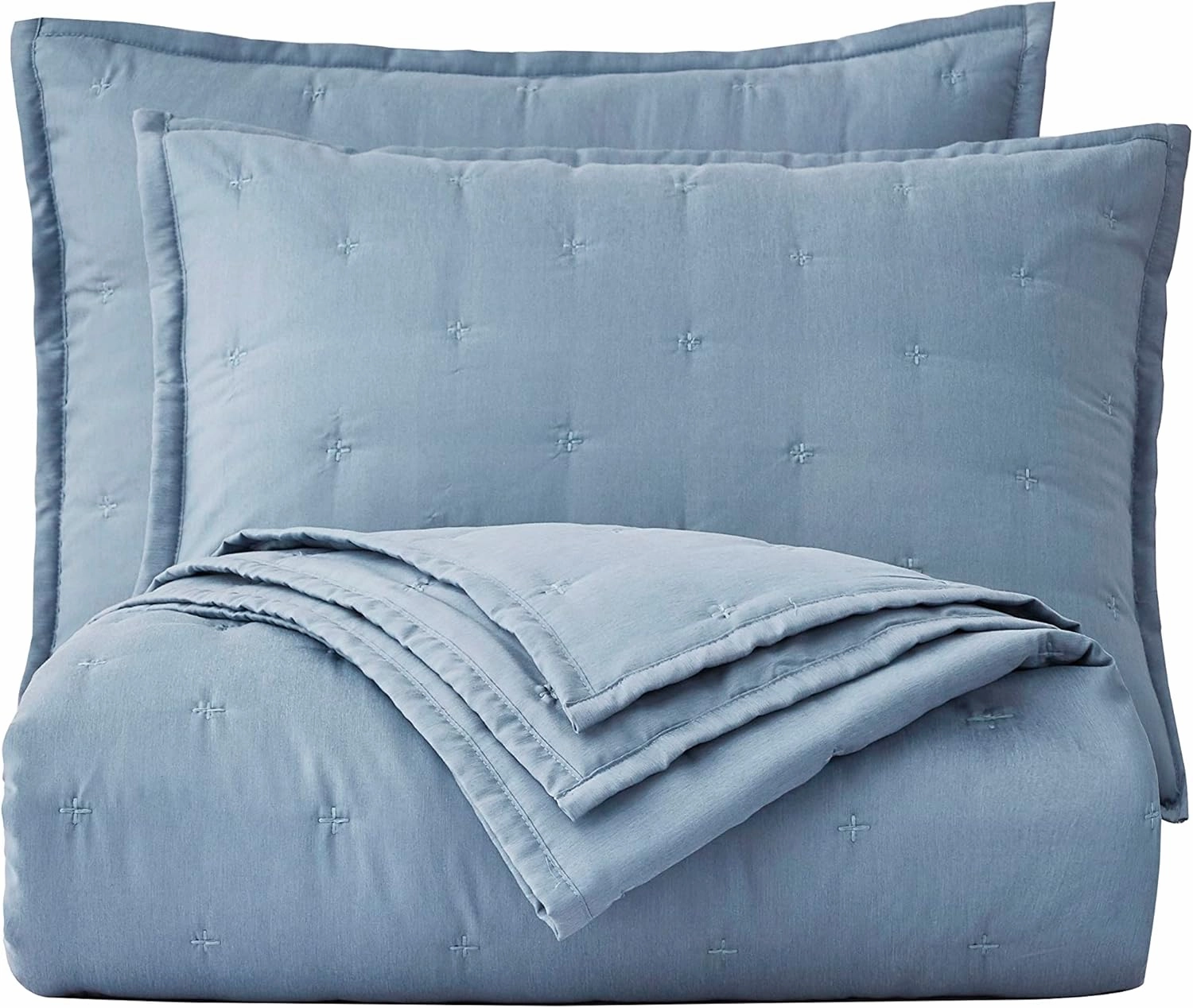 Chezmoi Collection Milo 3-Piece Soft Cooling Blend of Rayon Derived from Bamboo & Polyester Cross-Stitch Quilted Coverlet Set (King, Blue)