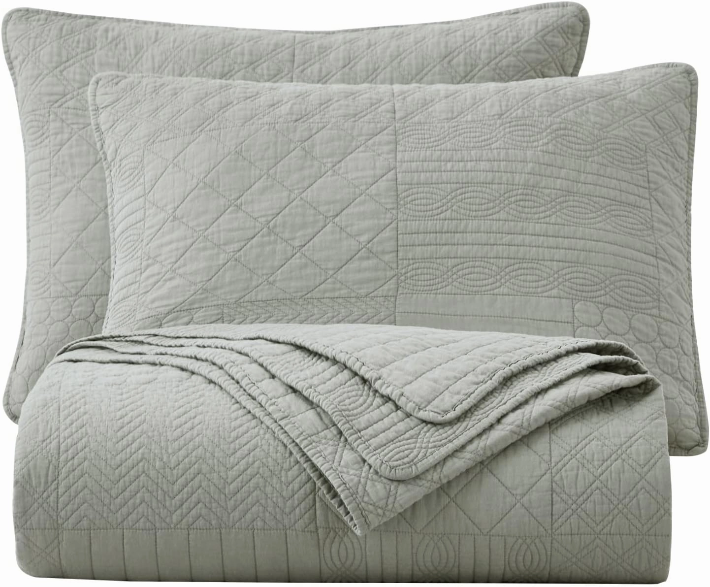 Chezmoi Collection Motley 3-Piece Classic Geometric Patchwork Embroidered Quilt Set - Pre-Washed Cotton Bedspread Coverlet Set, King Size, Gray
