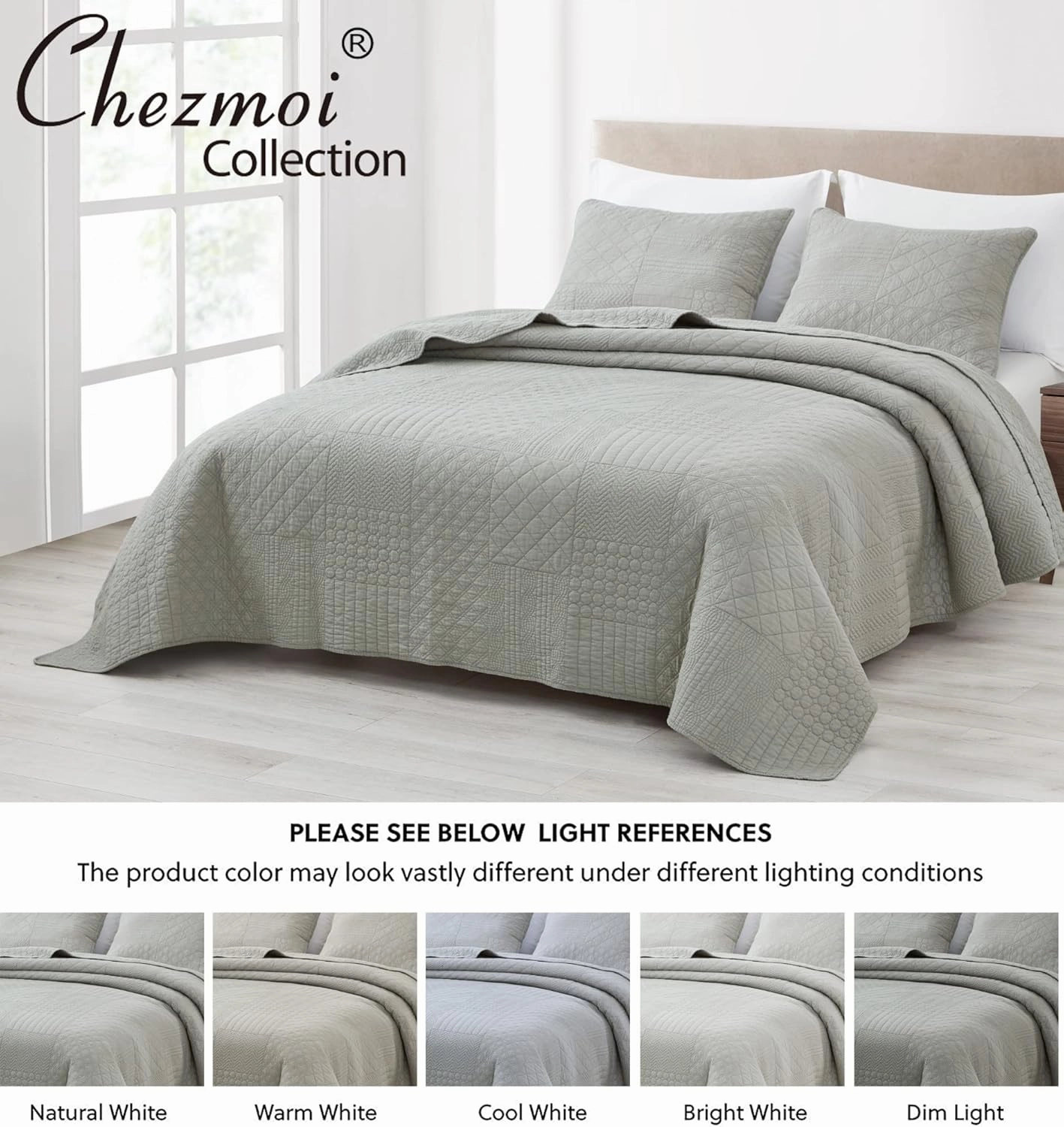 Chezmoi Collection Motley 3-Piece Classic Geometric Patchwork Embroidered Quilt Set - Pre-Washed Cotton Bedspread Coverlet Set, King Size, Gray