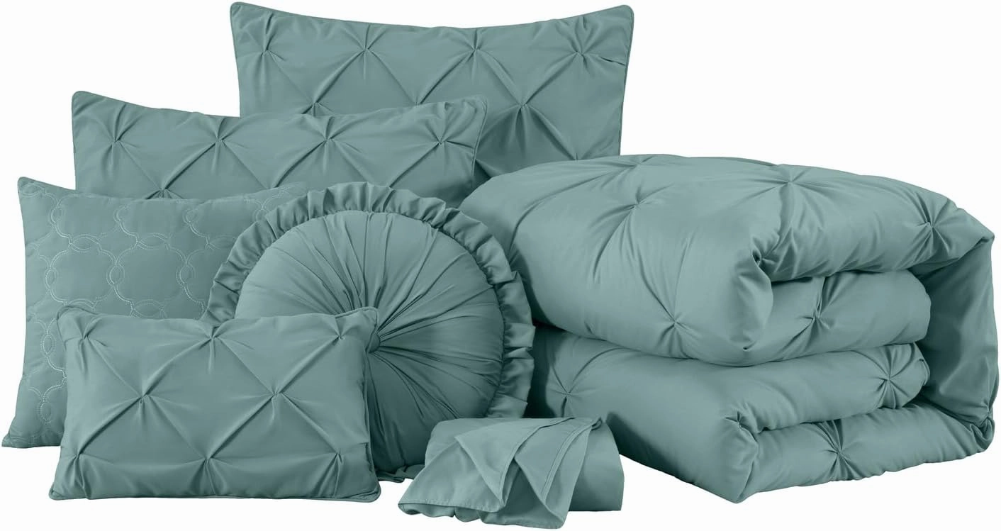 Chezmoi Collection Sydney 7-Piece Pinch Pleat Pintuck Bedding Comforter Set (King, Spa Blue)