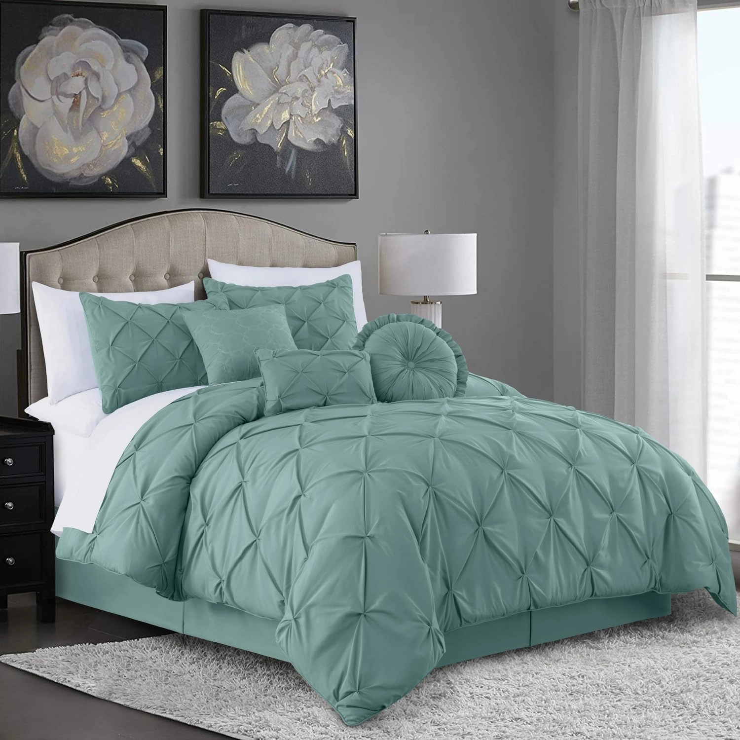 Chezmoi Collection Sydney 7-Piece Pinch Pleat Pintuck Bedding Comforter Set (King, Spa Blue)