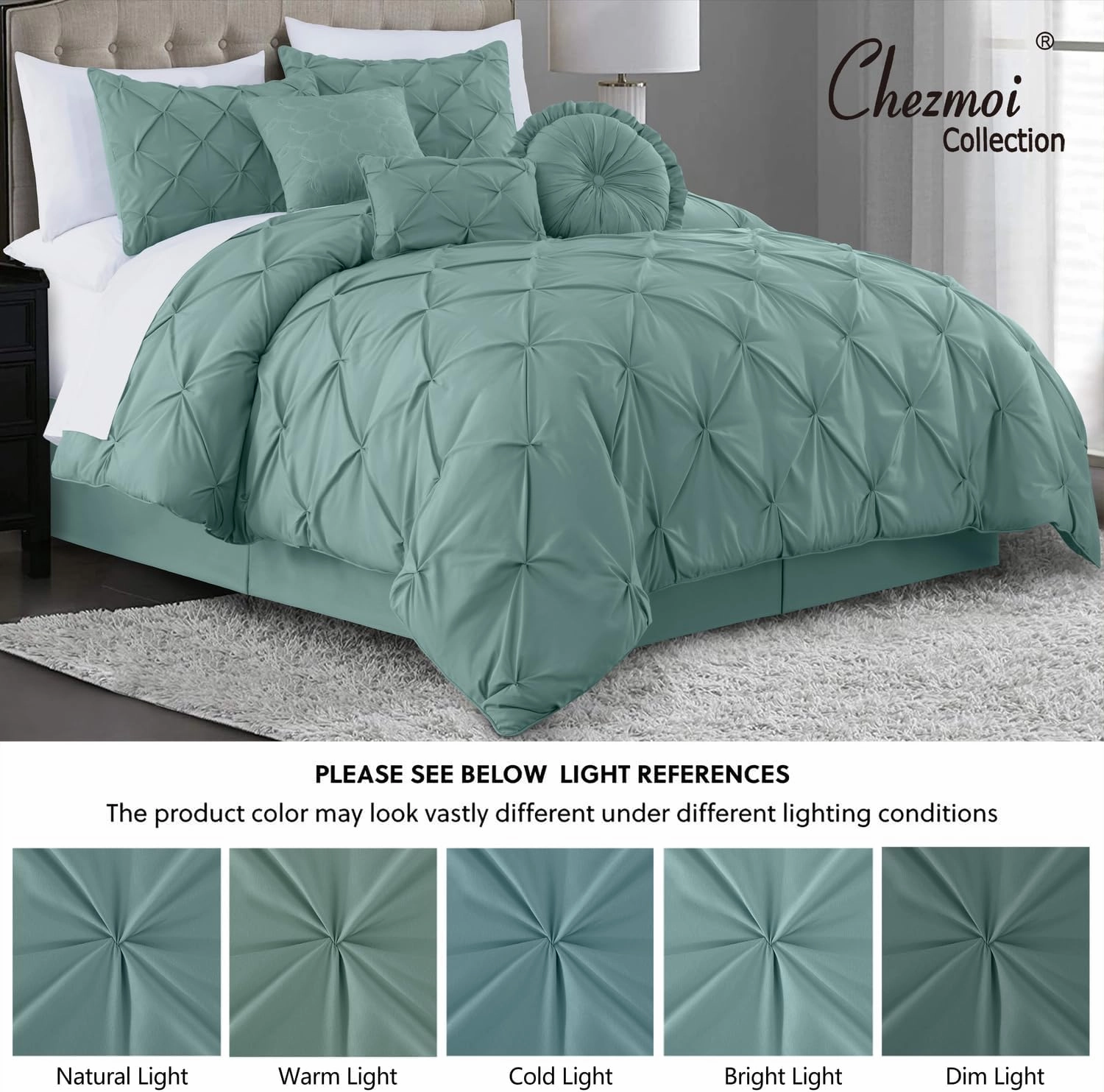 Chezmoi Collection Sydney 7-Piece Pinch Pleat Pintuck Bedding Comforter Set (King, Spa Blue)