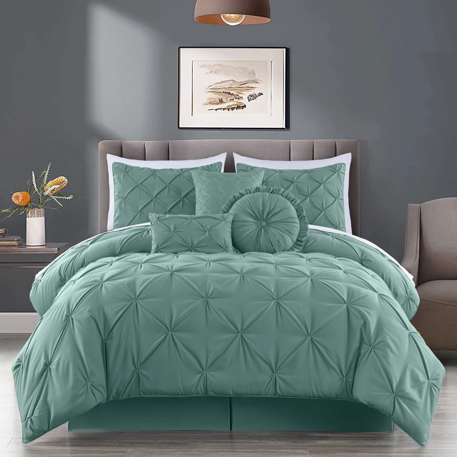 Chezmoi Collection Sydney 7-Piece Pinch Pleat Pintuck Bedding Comforter Set (King, Spa Blue)