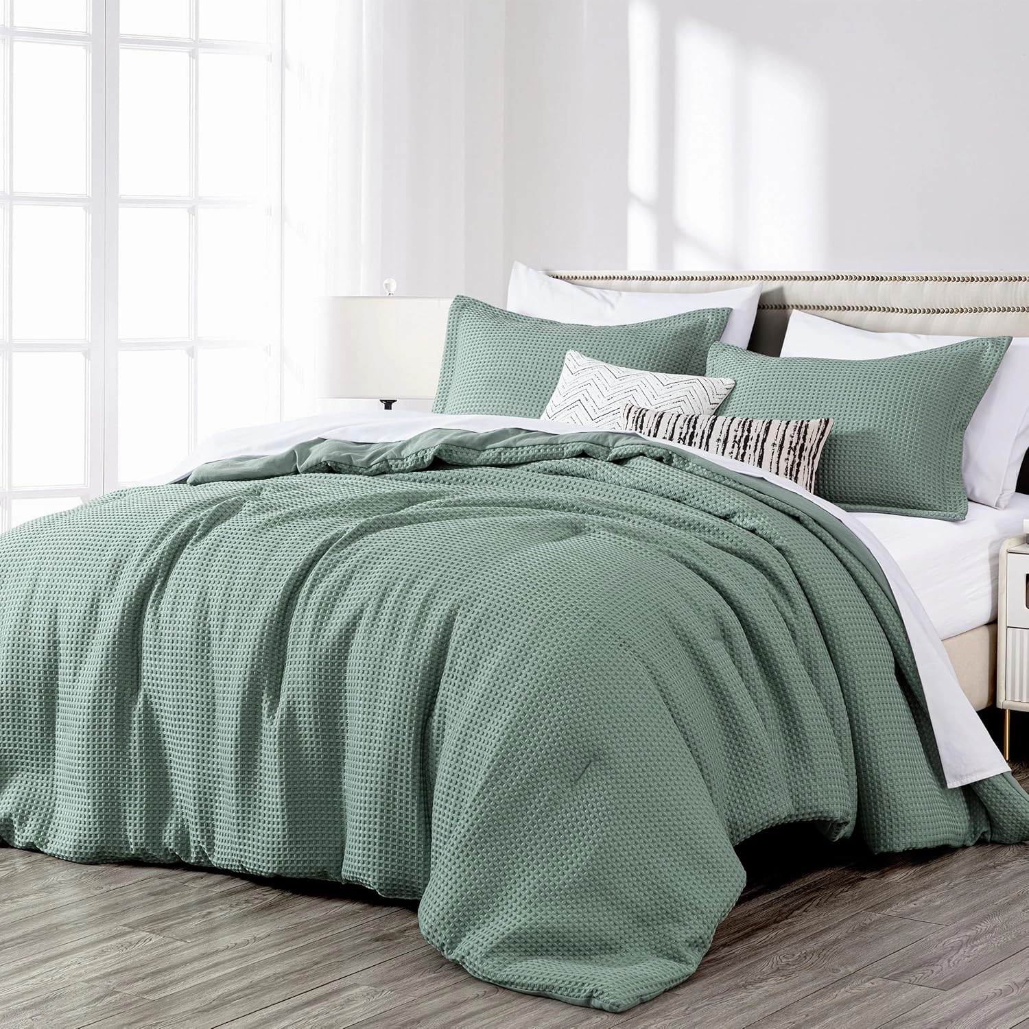 Chezmoi Collection Wilmer 3-Piece King Comforter Set, Sage Green, Soft and Cozy Lightweight Waffle Weave Comforter Bedding for All Season