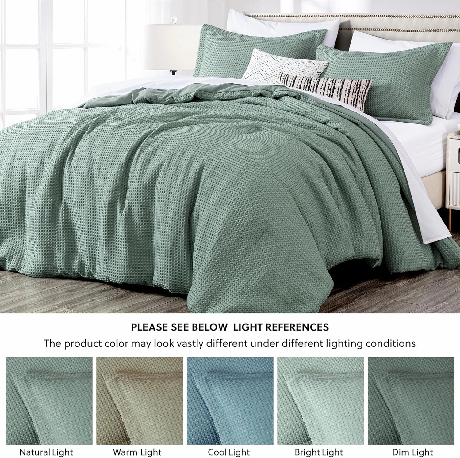 Chezmoi Collection Wilmer 3-Piece King Comforter Set, Sage Green, Soft and Cozy Lightweight Waffle Weave Comforter Bedding for All Season