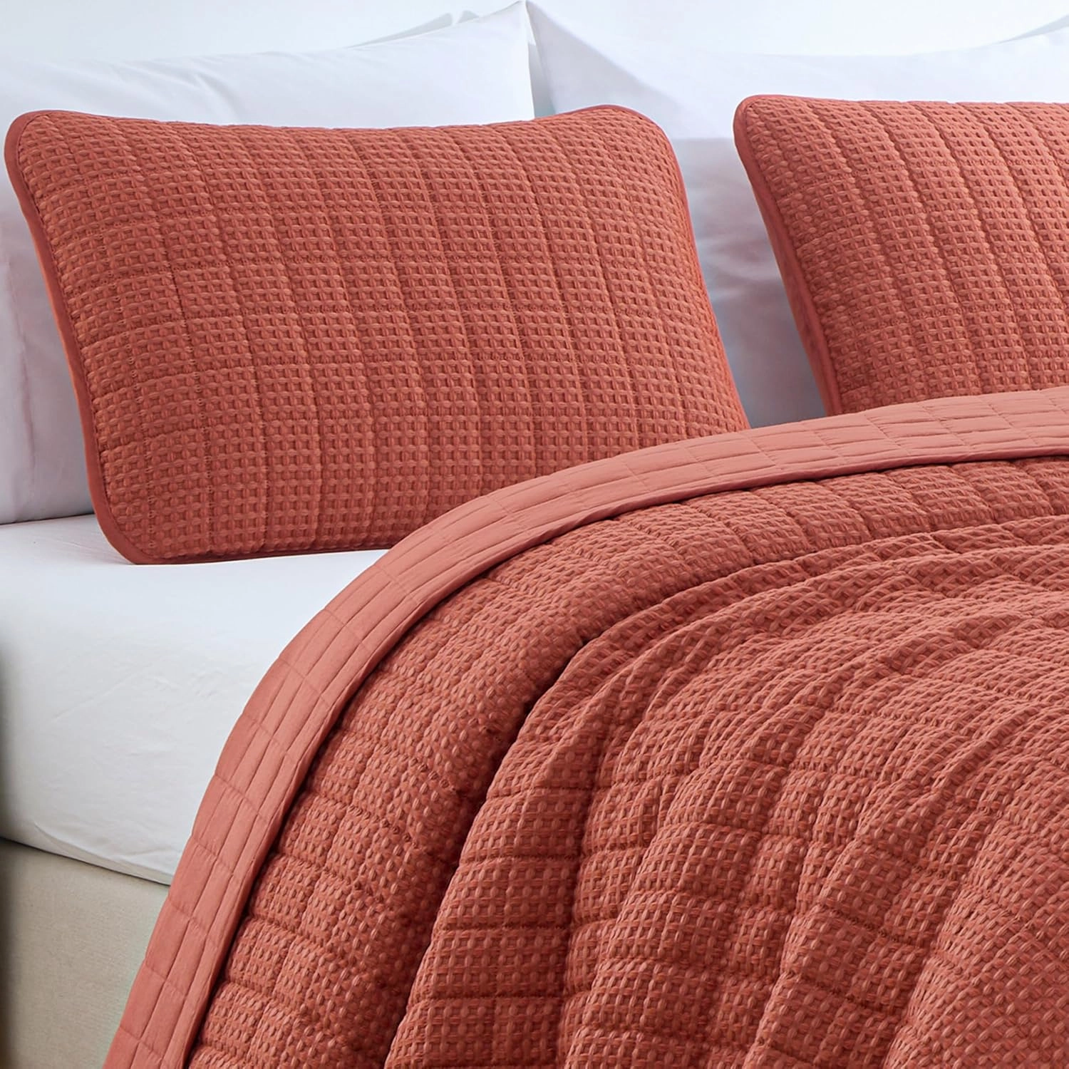 Chezmoi Collection Wilmer 3-Piece Waffle Quilt Set King Size, Terracotta, Soft and Cozy Waffle Weave Textured Lightweight Bedspread for All Season Quilt (110x98in)   2 King Pillow Shams