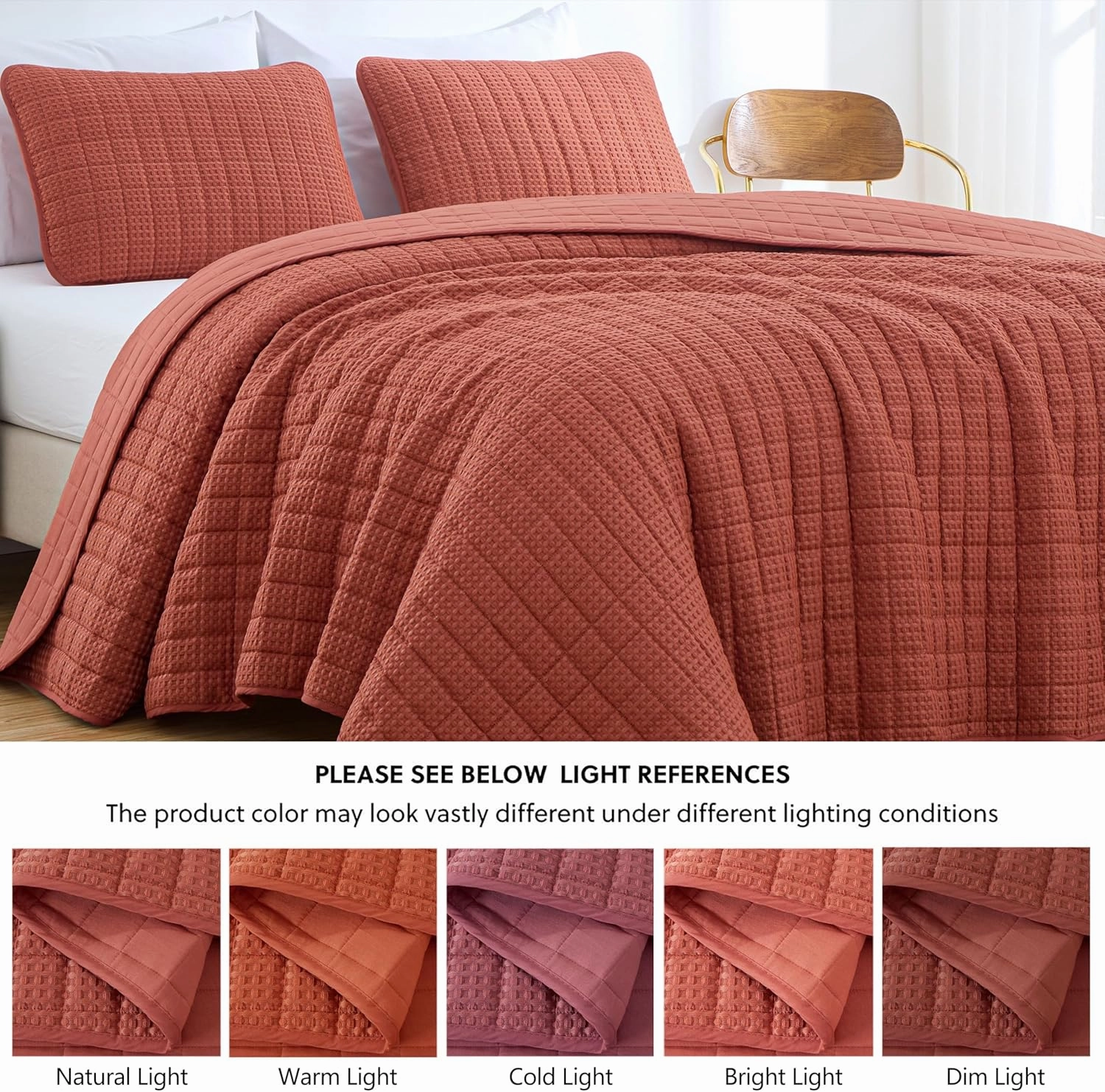 Chezmoi Collection Wilmer 3-Piece Waffle Quilt Set King Size, Terracotta, Soft and Cozy Waffle Weave Textured Lightweight Bedspread for All Season Quilt (110x98in)   2 King Pillow Shams