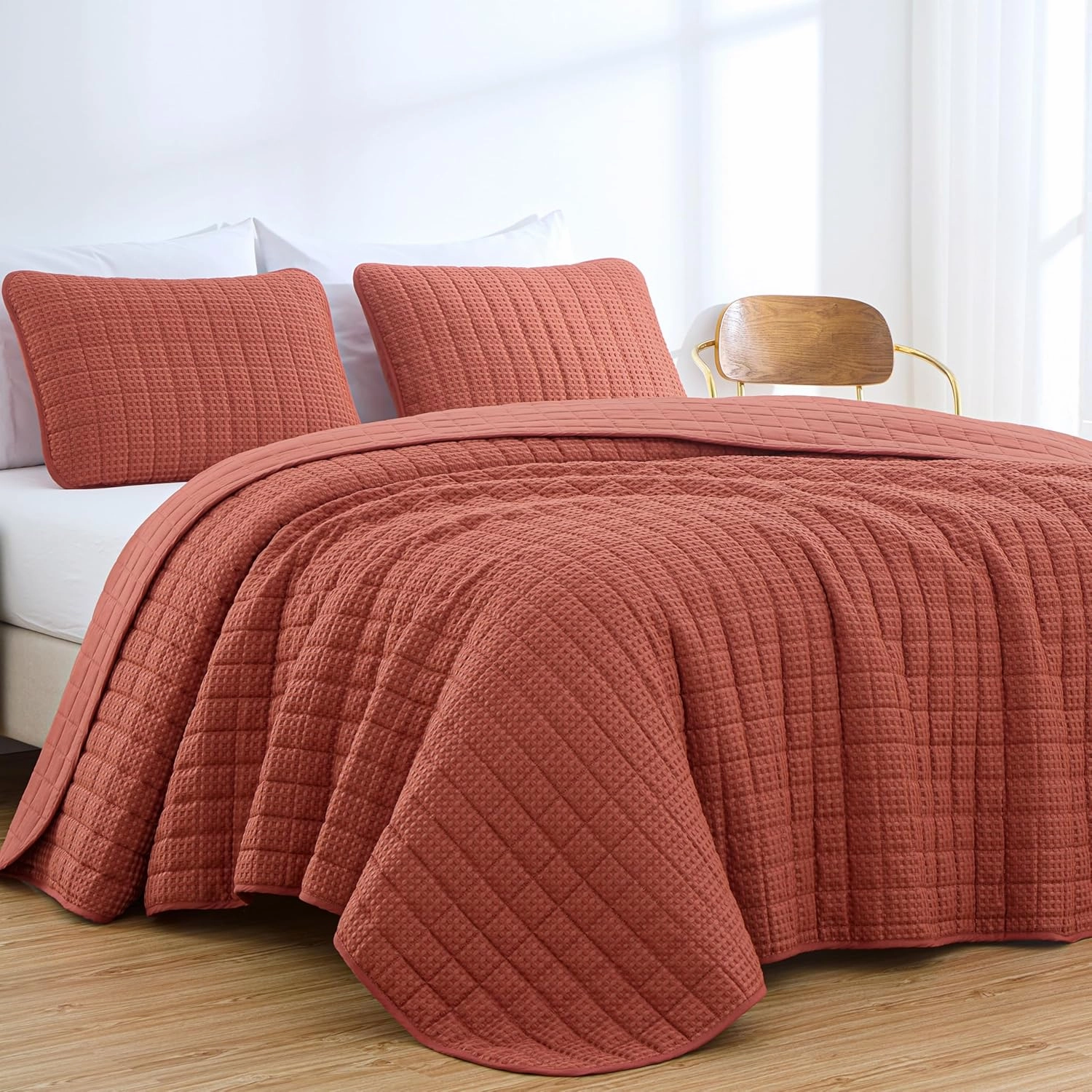 Chezmoi Collection Wilmer 3-Piece Waffle Quilt Set King Size, Terracotta, Soft and Cozy Waffle Weave Textured Lightweight Bedspread for All Season Quilt (110x98in)   2 King Pillow Shams