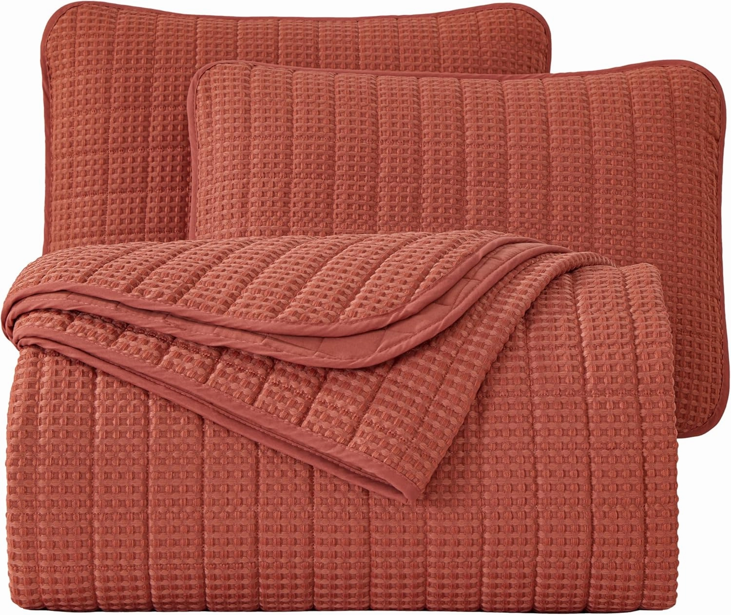 Chezmoi Collection Wilmer 3-Piece Waffle Quilt Set King Size, Terracotta, Soft and Cozy Waffle Weave Textured Lightweight Bedspread for All Season Quilt (110x98in)   2 King Pillow Shams