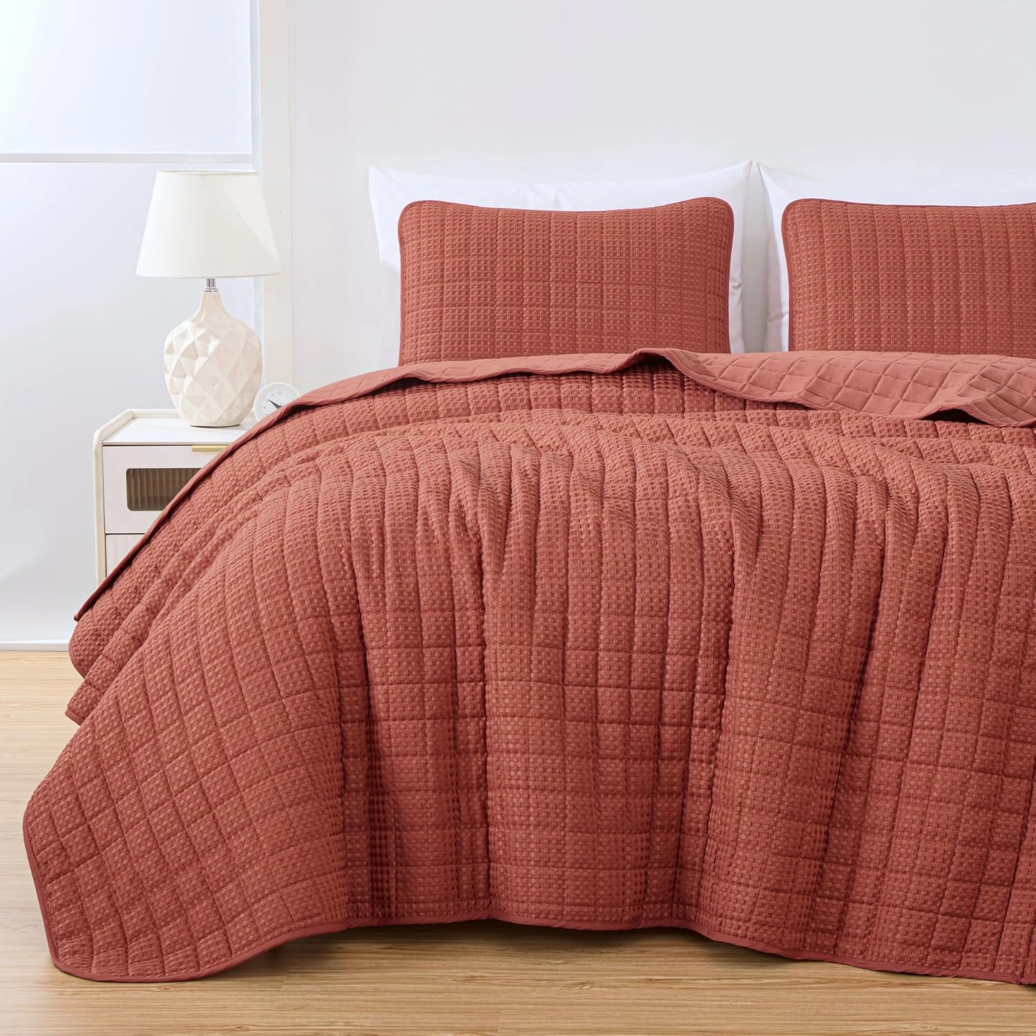 Chezmoi Collection Wilmer 3-Piece Waffle Quilt Set King Size, Terracotta, Soft and Cozy Waffle Weave Textured Lightweight Bedspread for All Season Quilt (110x98in)   2 King Pillow Shams