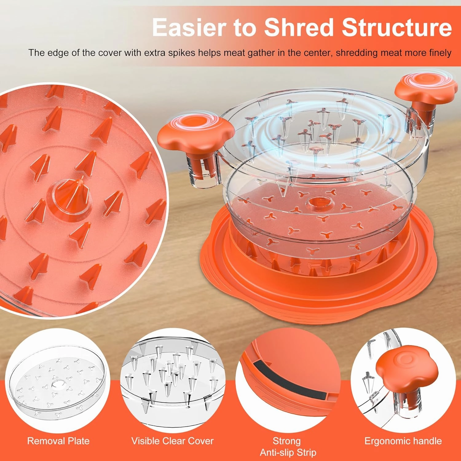 Chicken Shredder with Separate Plate, Large Meat Shredder Tool Twist with Transparent Lid&Brush, Visible Manual Chicken Breast Shredder, Dishwasher Safe, Ergonomic Handle, Easy to Clean (Orange)