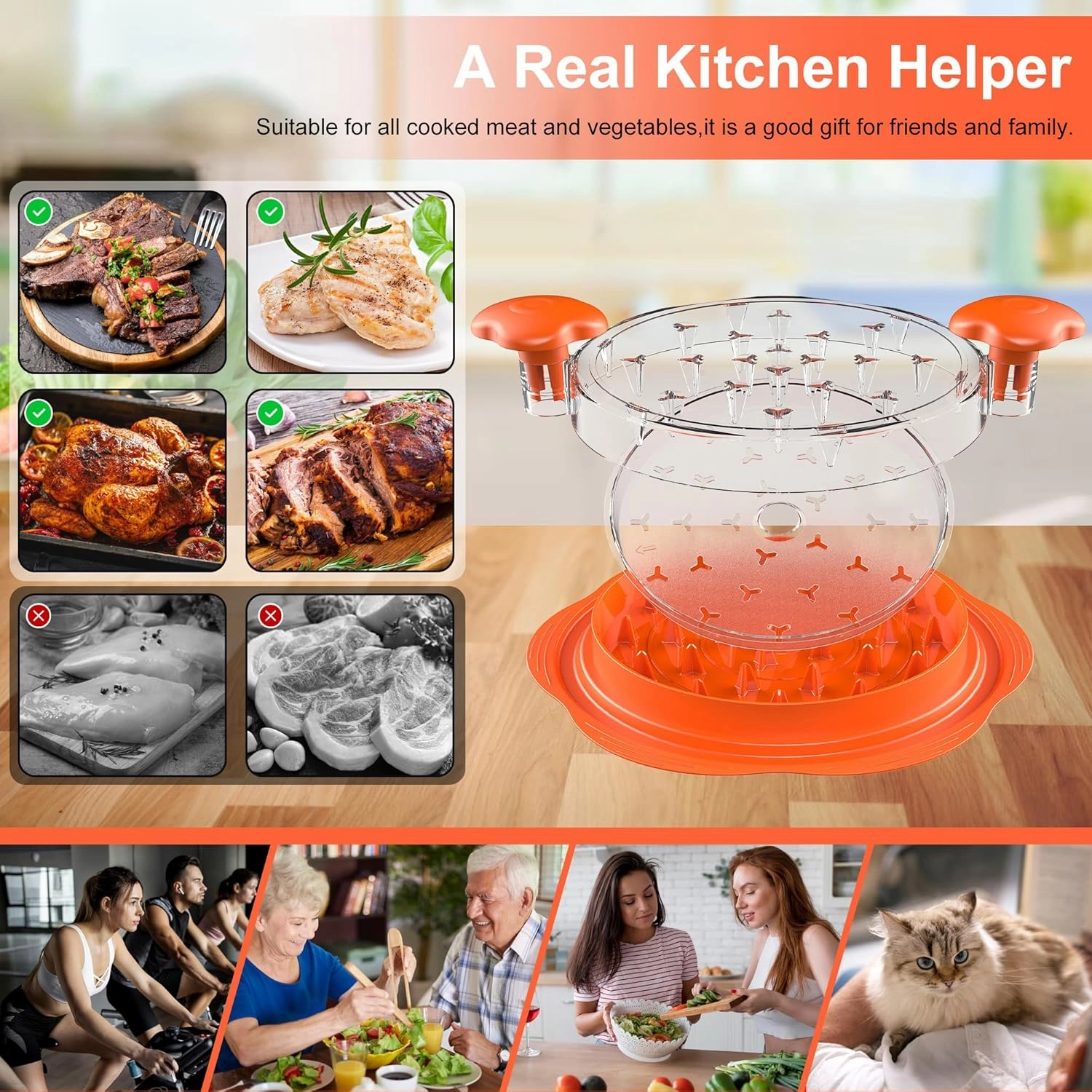 Chicken Shredder with Separate Plate, Large Meat Shredder Tool Twist with Transparent Lid&Brush, Visible Manual Chicken Breast Shredder, Dishwasher Safe, Ergonomic Handle, Easy to Clean (Orange)