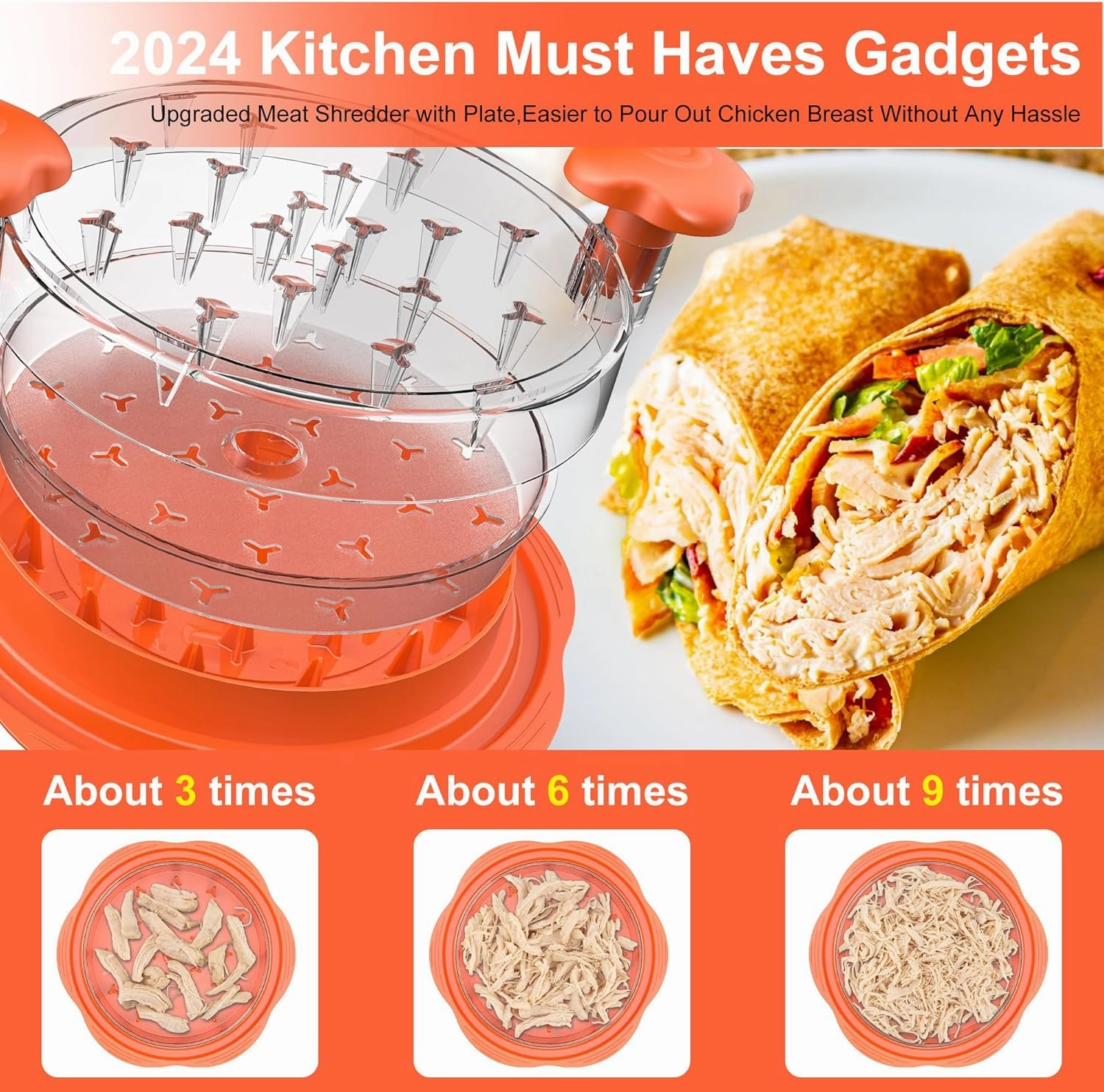 Chicken Shredder with Separate Plate, Large Meat Shredder Tool Twist with Transparent Lid&Brush, Visible Manual Chicken Breast Shredder, Dishwasher Safe, Ergonomic Handle, Easy to Clean (Orange)