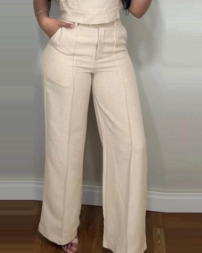 CHICME Women's Summer 2 Piece Outfits Cap Sleeve Round Neck Tank Crop Top Wide Leg Pants Set with Pockets