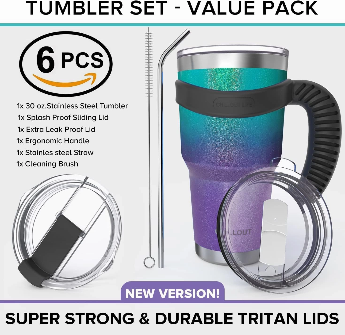 CHILLOUT LIFE Stainless Steel Travel Mug with Handle 30 oz – 6 Piece Set. Tumbler with Handle, Straw, Cleaning Brush & 2 Lids. Double Wall Insulated Large Coffee Mug Bundle