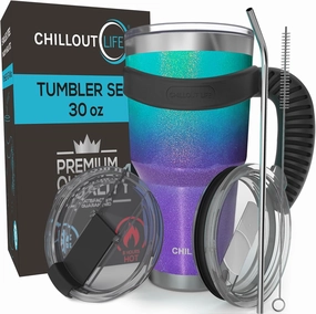CHILLOUT LIFE Stainless Steel Travel Mug with Handle 30 oz – 6 Piece Set. Tumbler with Handle, Straw, Cleaning Brush & 2 Lids. Double Wall Insulated Large Coffee Mug Bundle