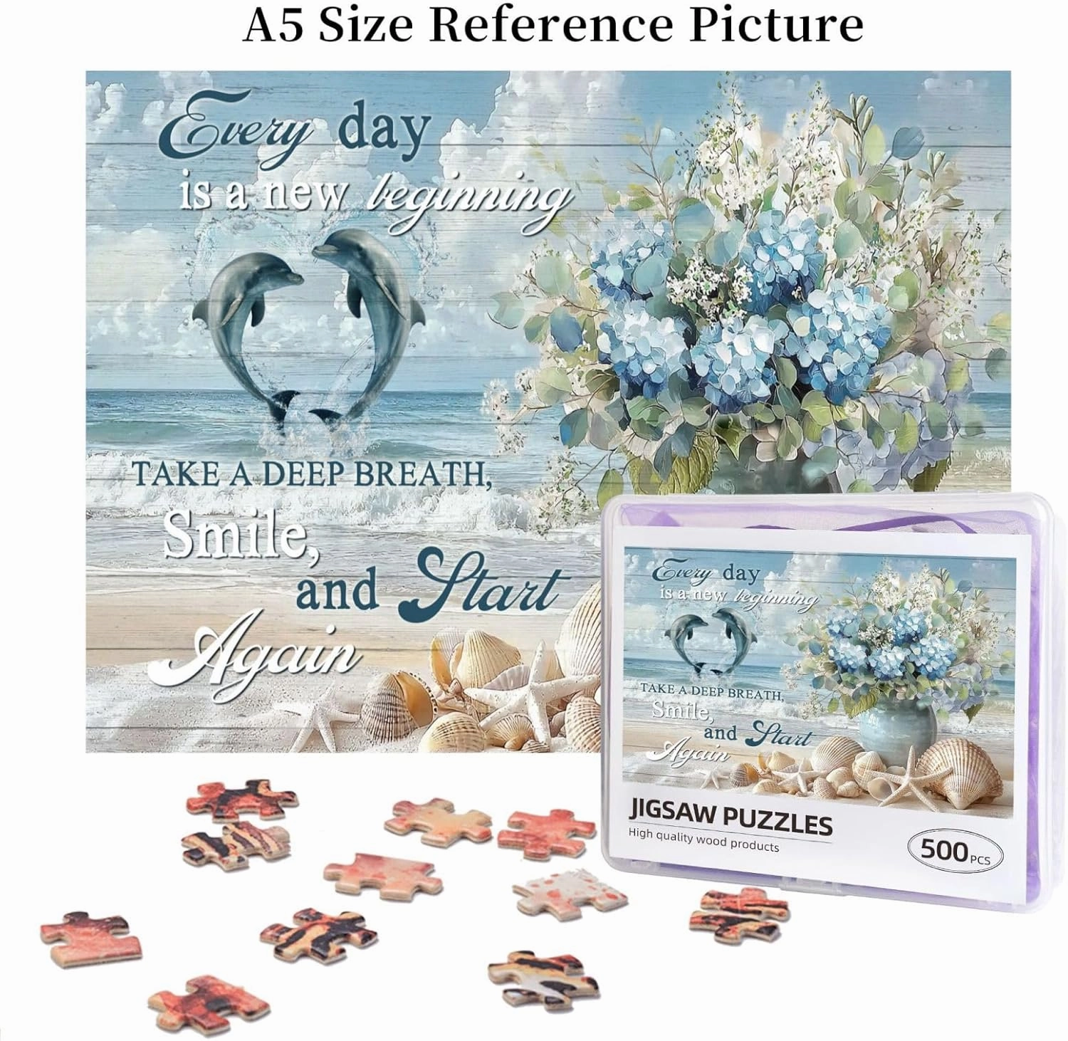 Christian Bible Verses Beach 500 Pieces Jigsaw Puzzles Religious Dolphin Flwoer Puzzles for Adults Spiritual Inspirational Puzzle as Home Decoration Family Unzip Game or A Toy to Develop Intelligence